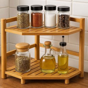 Sturdy Bamboo Kitchen Spice Rack Small Countertop Corner Storage Shelf