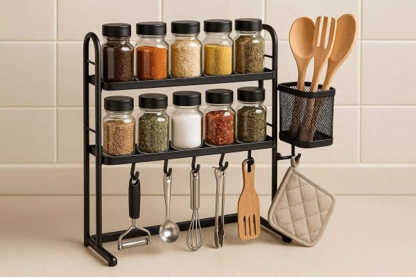 13 Tiered Kitchen Countertop Spice Rack With Hooks Small Utensil Storage Organizer