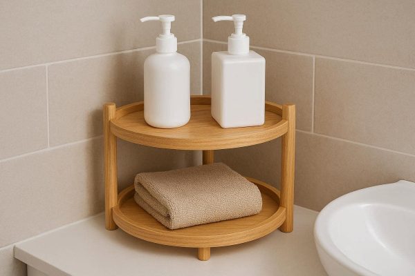 26 Freestanding Bathroom Countertop Corner Shelf Two Tier Wooden Vanity Storage Rack Organizer