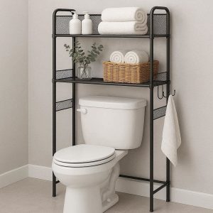 Space Saving Over Toilet Bathroom Organizer Mesh Wire Storage Shelf With Hooks