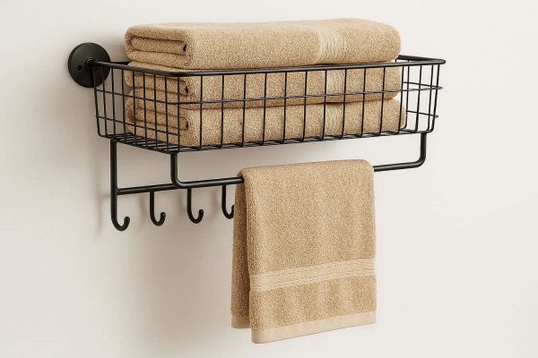 29 Wall Mounted Bathroom Towel Storage Shelf Metal Wire Basket Organizer With Hooks