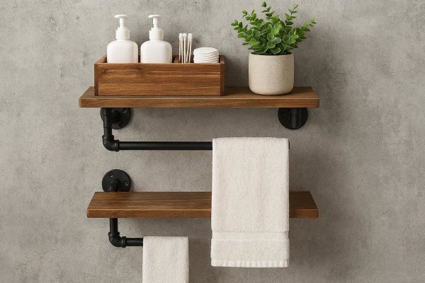 23 Industrial Bathroom Wall Floating Shelves With Towel Bar Small Wood Storage Organizer