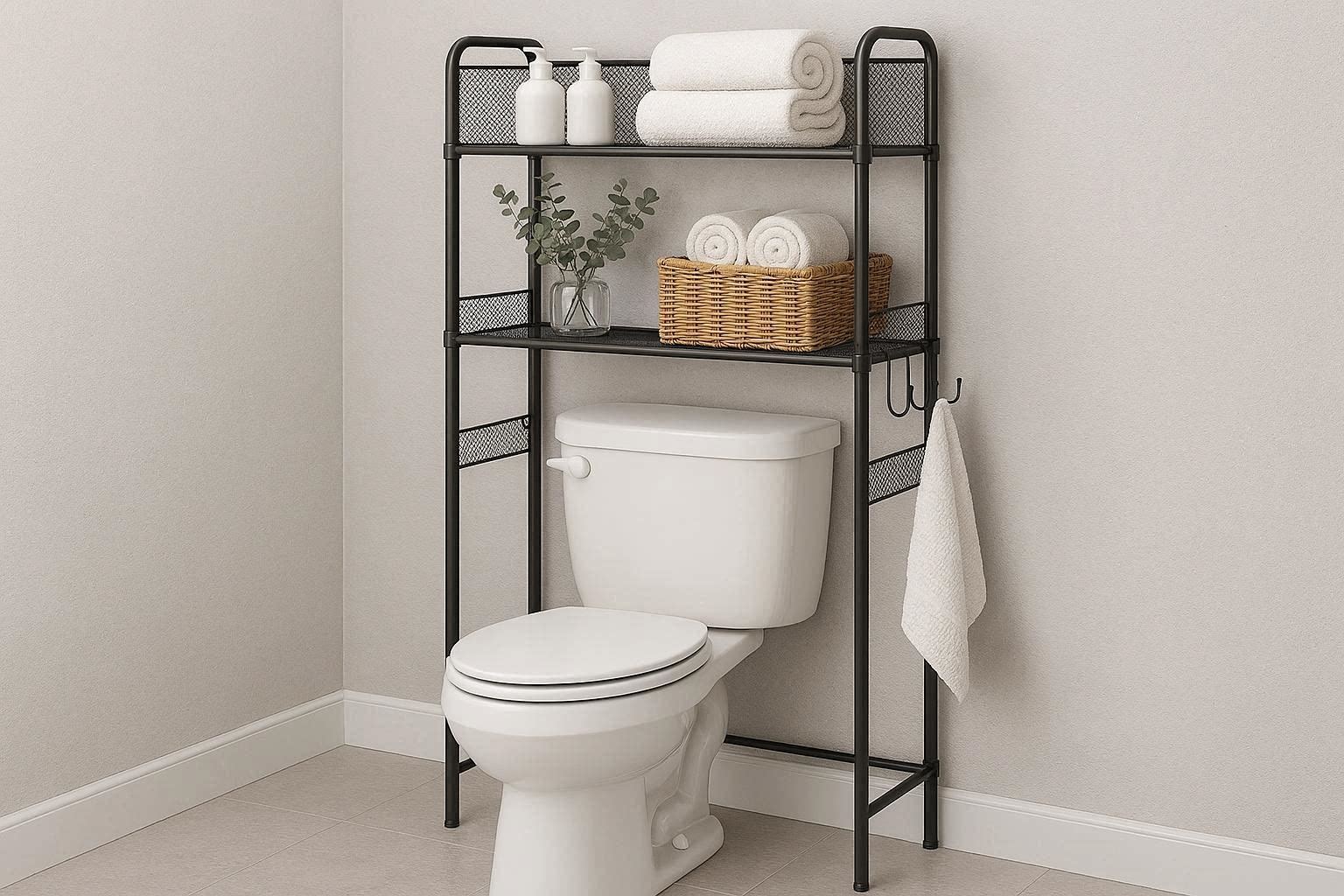 Space Saving Over Toilet Bathroom Organizer Mesh Wire Storage Shelf With Hooks