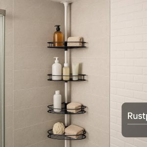 Drill Free Shower Caddy Pole Tension Corner Shelf Rustproof Bathroom Storage Rack