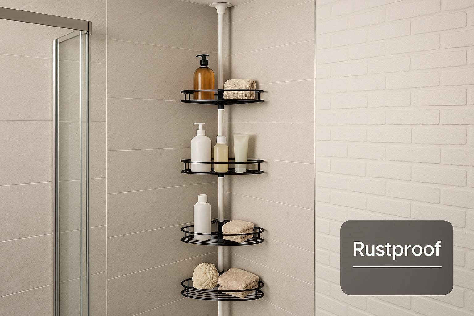 Drill Free Shower Caddy Pole Tension Corner Shelf Rustproof Bathroom Storage Rack