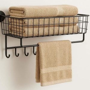 Wall Mounted Bathroom Towel Storage Shelf Metal Wire Basket Organizer With Hooks