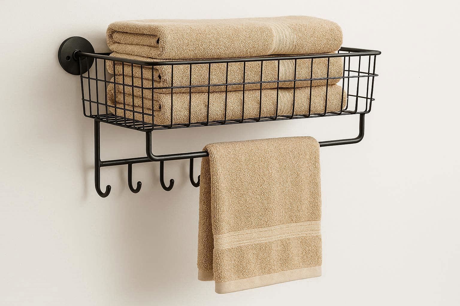 Wall Mounted Bathroom Towel Storage Shelf Metal Wire Basket Organizer With Hooks