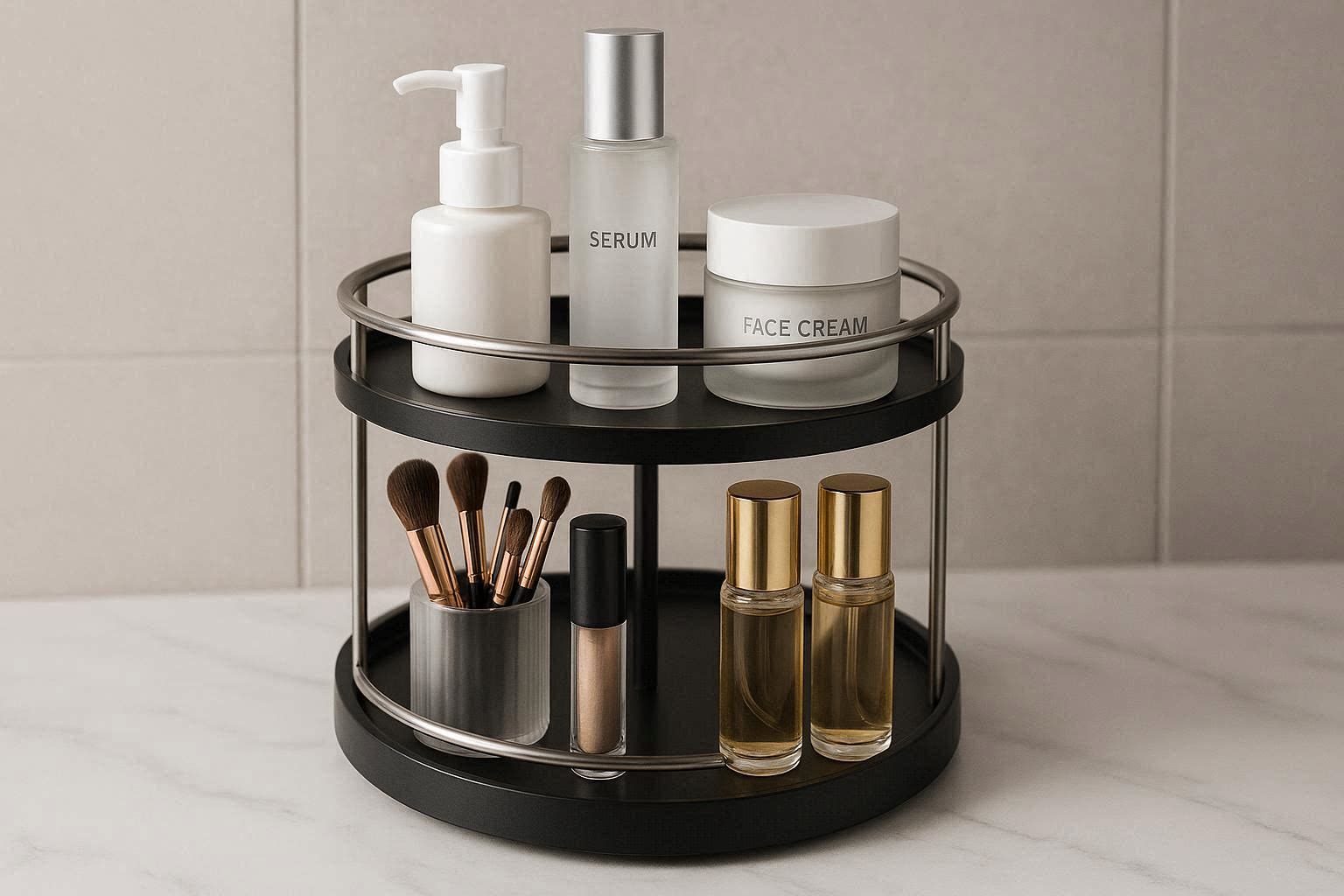 Sleek Rotating Bathroom Countertop Organizer Round Makeup Vanity Storage Spice Display Rack